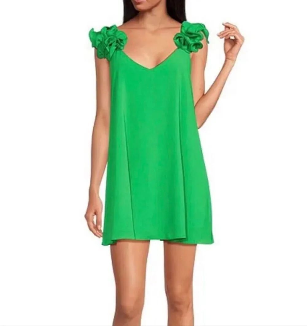 Belle Badgley Mischka Green Floral Shoulder Mini Dress US 10 Shift Cocktail